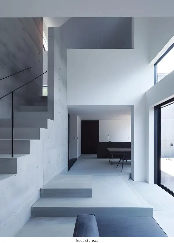 Modern Concrete House Interior Design with Staircase and Large Windows
