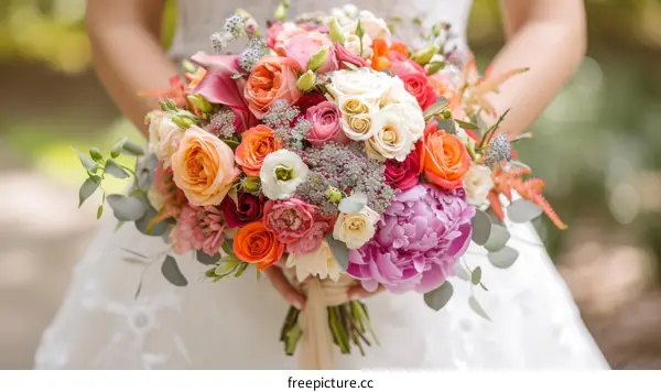 A bride holding a bouquet of colorful flowers