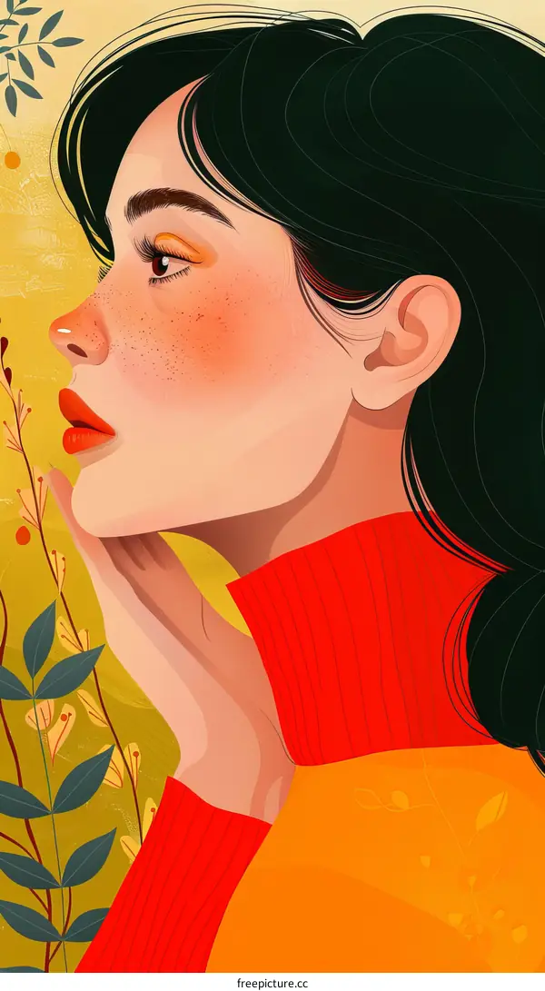 An illustration of a young woman with black hair and red turtleneck blouse