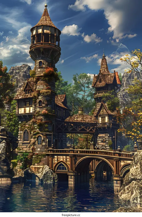 Stone Tower Fantasy Building with a Bridge and Water