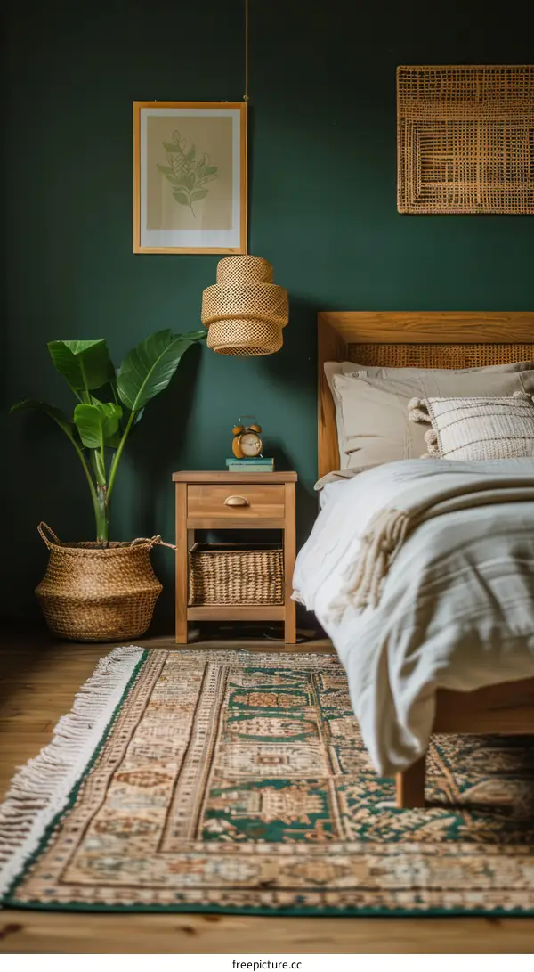 A Stylish Bedroom With A Green Wall