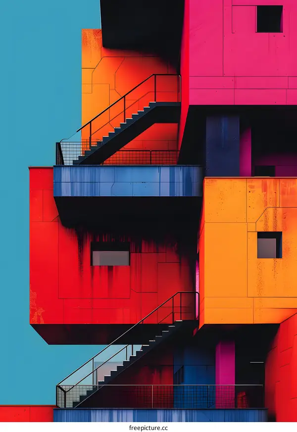 A colorful 3D rendering of a modern apartment building with blue sky background