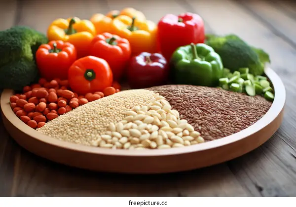 Variety of Vegetables and Grains on a Wooden Table
