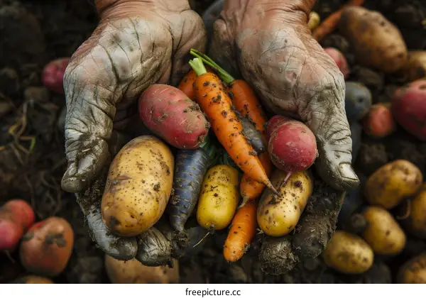A farmer's hands holding freshly harvested organic vegetables