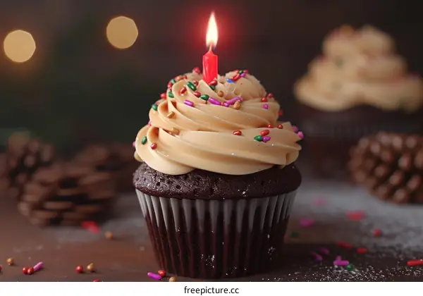 Close-up Image of a Chocolate Cupcake with Sprinkles and a Lit Candle on Top