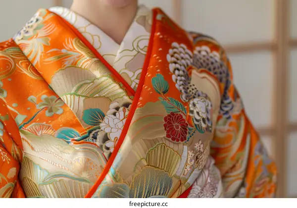 Close up of a woman wearing a kimono with orange and gold floral patterns
