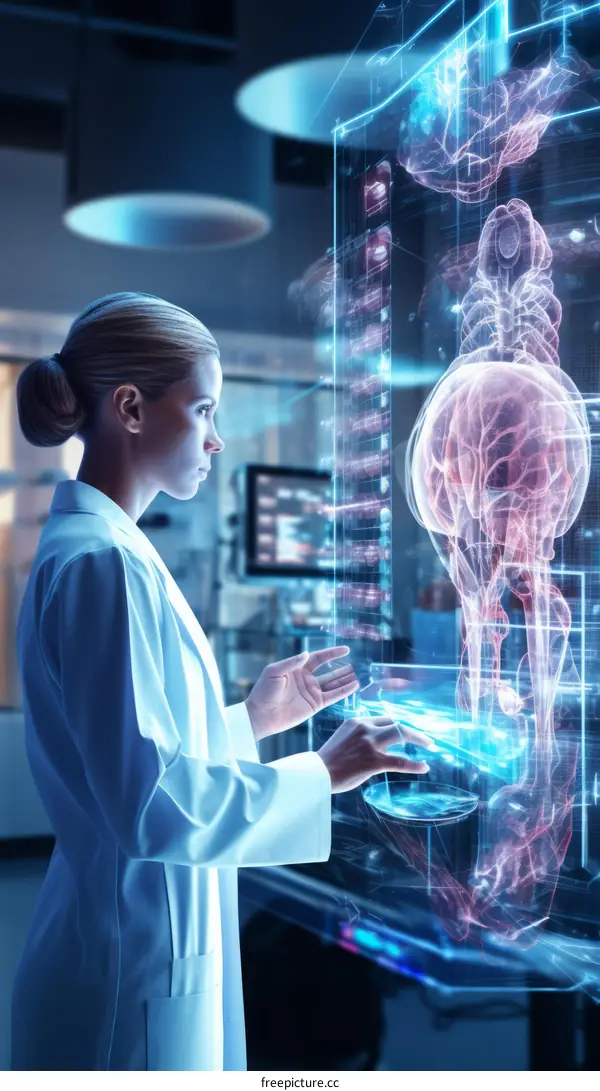 Female scientist examining a 3D projection of a horse