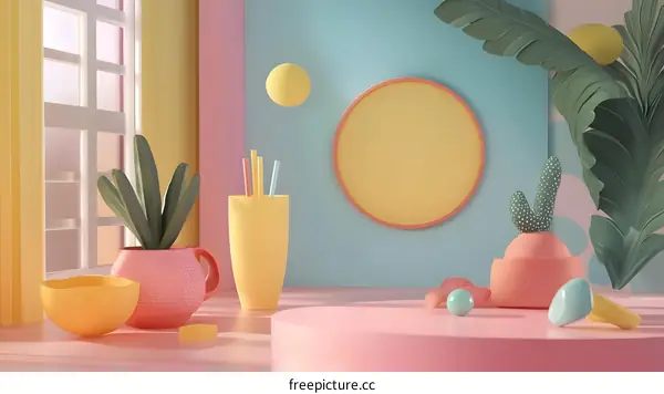 3D Rendered Abstract Minimalist Interior Design With Colorful Pastel Tones