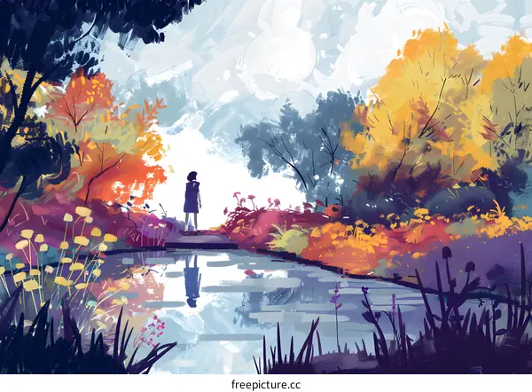 Silhouette of a Woman Standing by a River in a Colorful Forest