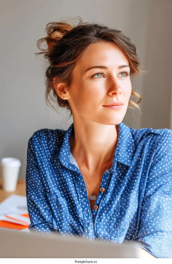 Thoughtful Woman in a Stylish Blue Shirt