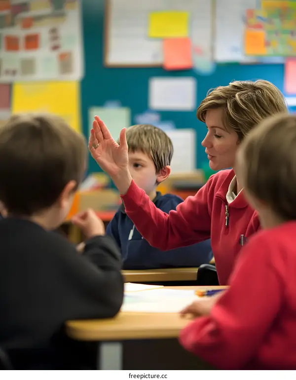 Teacher Assisting Students in Classroom