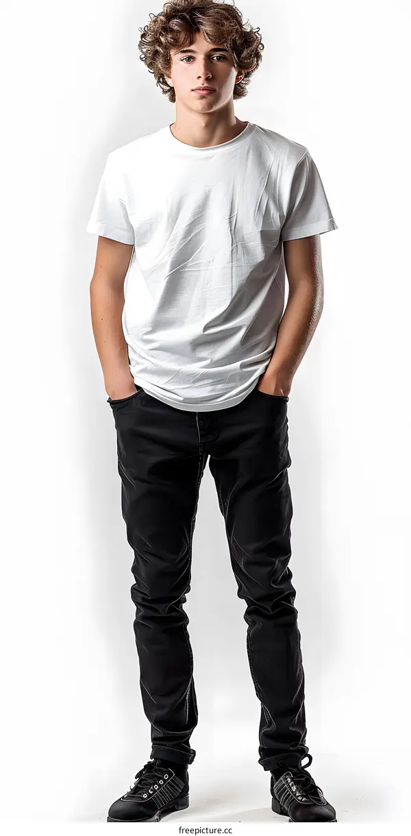 Young man with curly hair wearing white t-shirt and black jeans