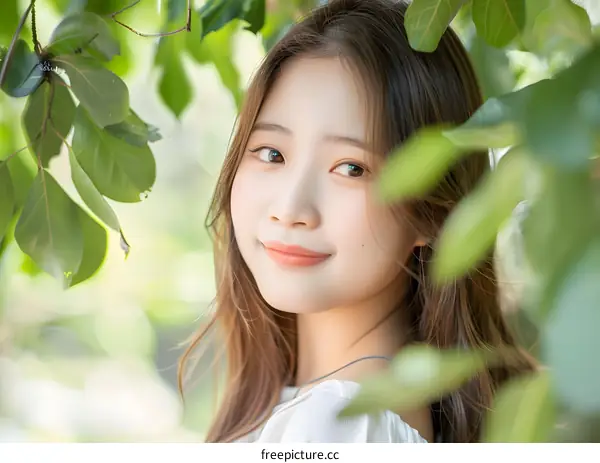 Smiling Asian Woman With Brown Hair Posing In The Sunlight