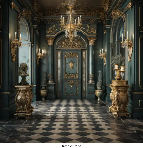 Ornate hallway with checkered floor and green walls