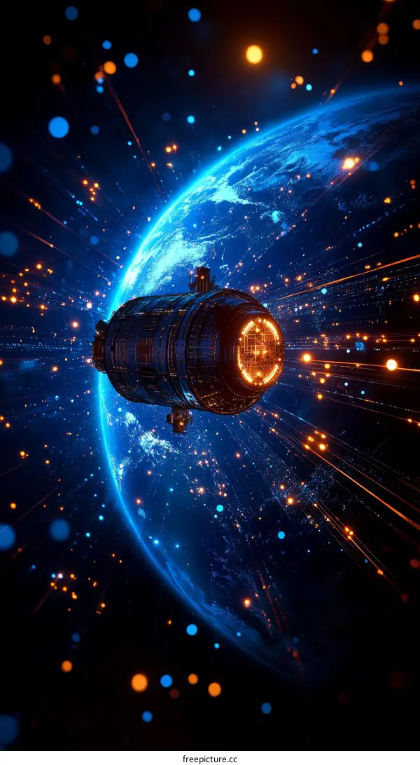 Futuristic Spaceship Above Earth in the Night