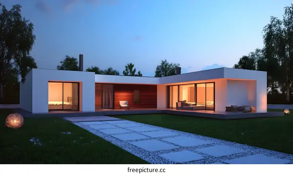 Modern White House with Wooden Panel Exterior and Stone Path