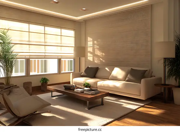 Modern Living Room Interior Design With White Sofa And Wooden Coffee Table