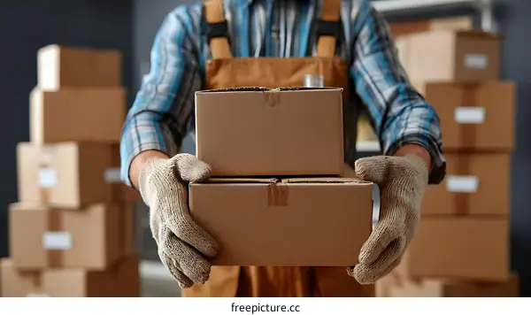 Moving Boxes Stacked by a Worker in a Warehouse