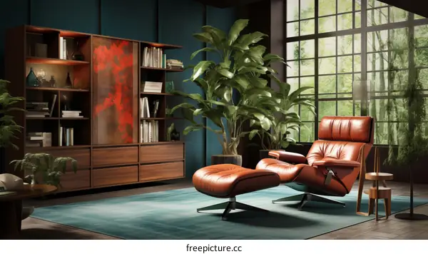 A stylish living room with a large leather chair and a green plant