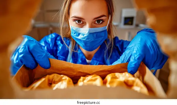 Food delivery worker placing food items in a box