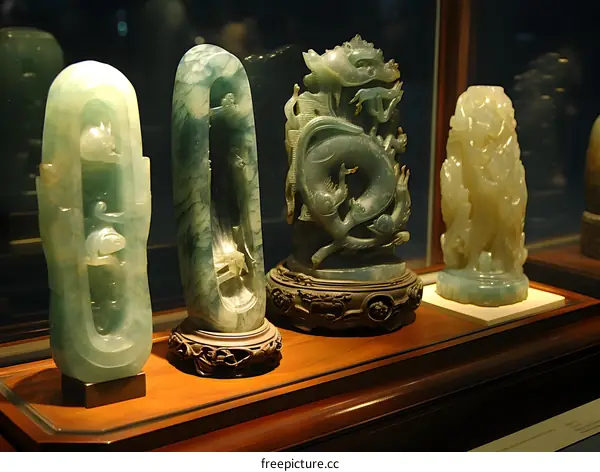 Ancient Jade Carvings Displayed in a Museum Showcase