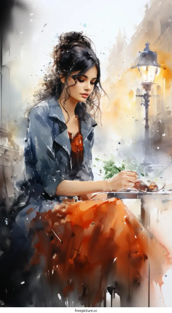 An elegant woman in a blue coat is sitting at a table in a cafe writing in her journal.