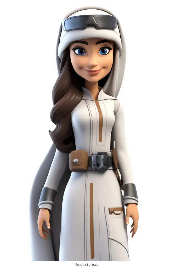 A female wearing a ghutra with brown hair and blue eyes