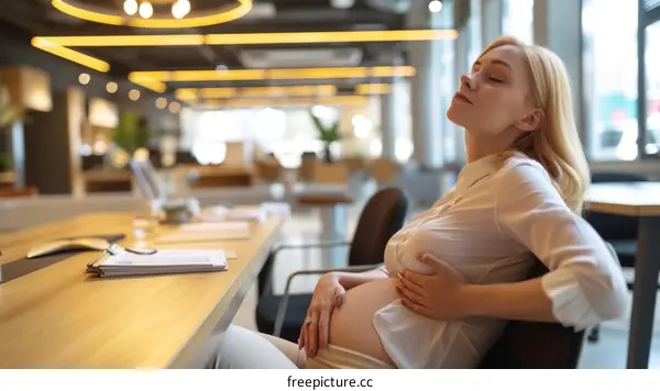 Pregnant businesswoman sitting in the office and touching her belly