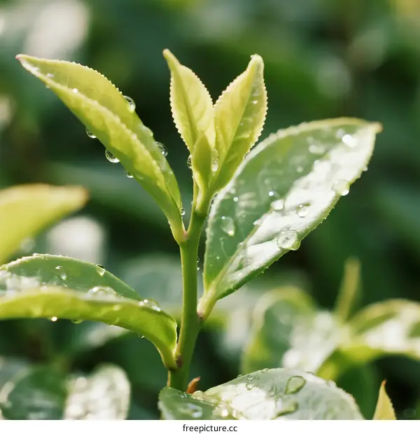 Fresh Green Tea Leaves with Dew Drops in Morning