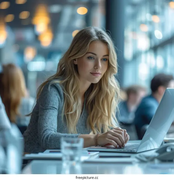 A beautiful young woman is working on her laptop in a cafe.