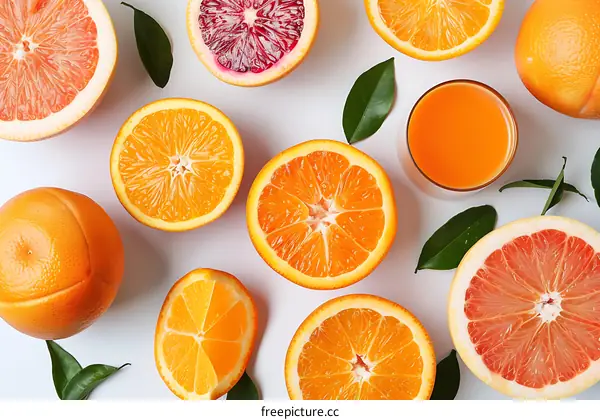 Fresh Orange Juice With Sliced Orange Grapefruit and Green Leaves