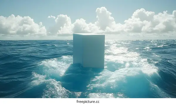 Abstract White Cube Floating on Ocean Water with Blue Sky