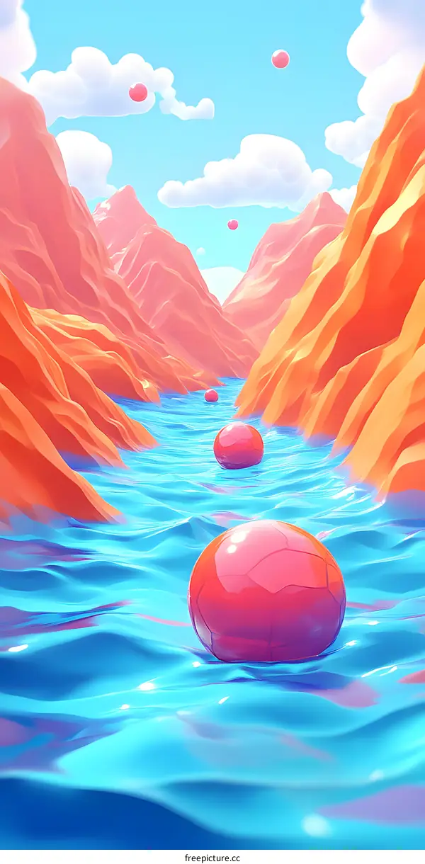 Abstract Mountains And River with Spheres