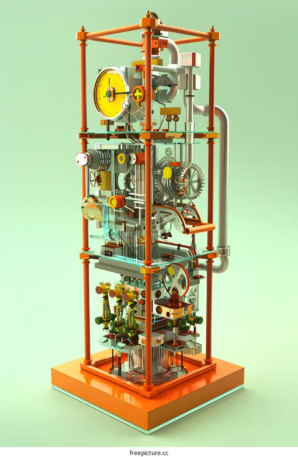 Detailed Illustration of a Complex Machine with Multiple Gears and Pipes in a Glass Case
