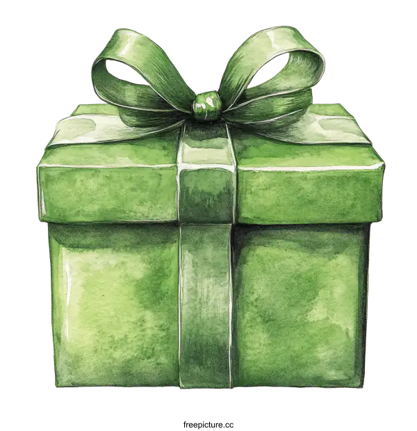 [Transparent Background PNG]Watercolor Illustration of a Green Gift Box