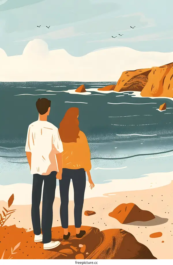 Couple Standing on a Beach Looking at the Ocean