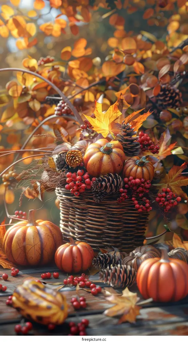 A basket of pumpkins and pinecones surrounded by fall leaves