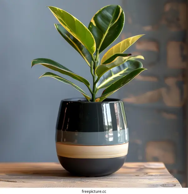 Rubber Plant in Ceramic Pot with Variegated Leaves
