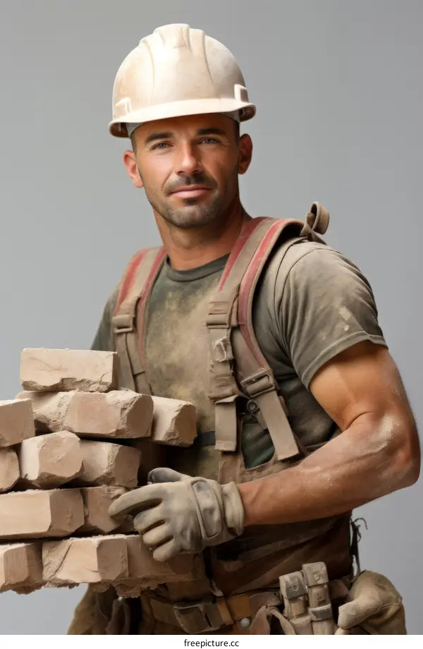 Construction worker in hard hat carrying a stack of bricks