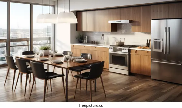 Walnut wooden kitchen cabinets and dining table with a view of the city