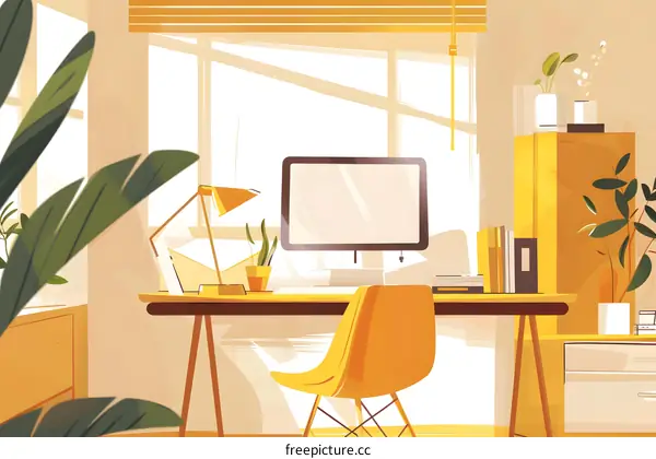 Modern Yellow Home Office Interior Illustration