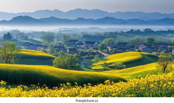 Beautiful Rural Landscape with Canola Fields and Village Houses