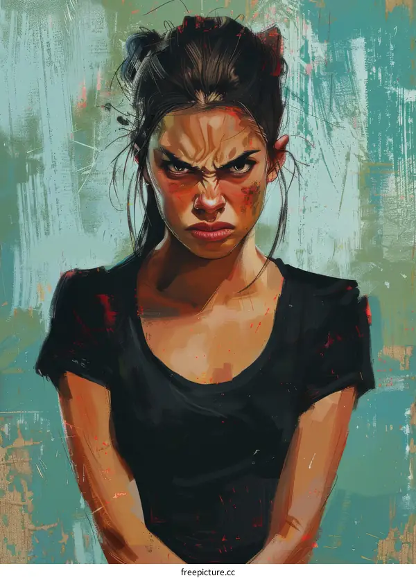 Portrait of a young woman with an angry expression on her face