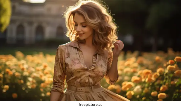 Curly Blonde Hair Woman in Field of Yellow Flowers