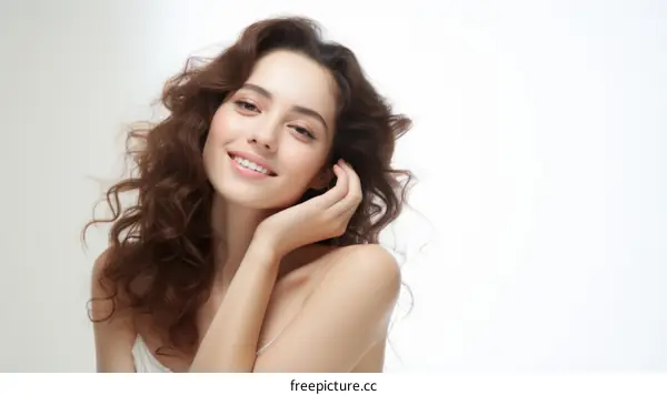 Portrait of a beautiful young woman with long brown hair smiling at the camera