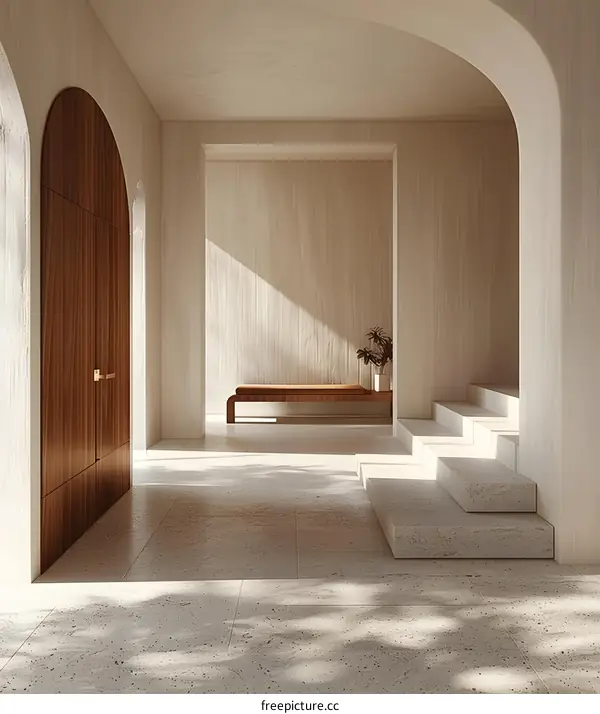Modern Minimalist Interior Design With Arched Doorway and Stone Staircase