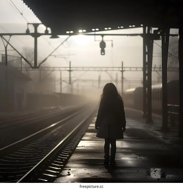 Silhouette of a Girl Standing on a Train Platform