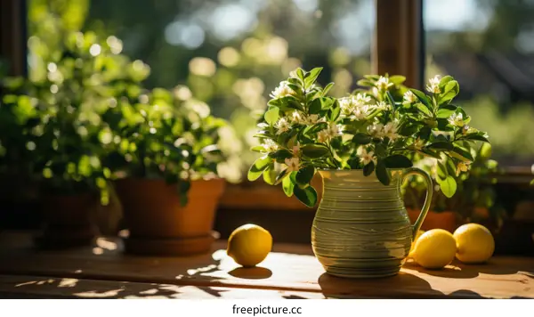 Still Life with White Flowers, Lemons, and Green Vase on Wooden Table