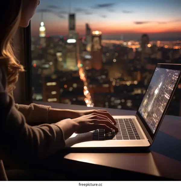 A woman is working on her laptop in a high-rise building overlooking a city at night