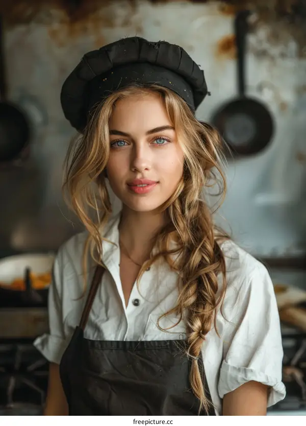 portrait of a beautiful young woman chef in a white shirt and black apron